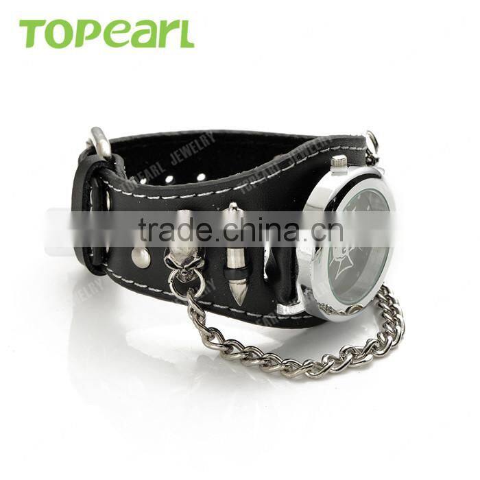 Mens Gothic Punk Rock Chain Skull Bullets Black Leather Watch LVB227
