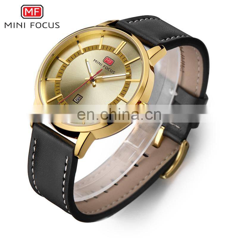 MINI FOCUS MF0033G Top Brand Men's Quartz Sport Wristwatch Date Clock Male Luxury Gold Leather Strap Military Watches
