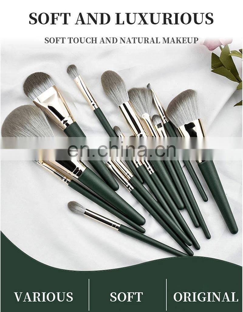 High Quality Green Makeup Brushes Custom Logo 14pcs  Make Up Brush Set Cosmetic kit