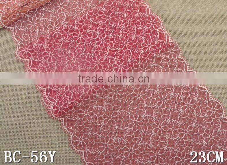 Factory fashion stock cheap pink 21.5cm nylon double side embroidery woman clothes ace fabric