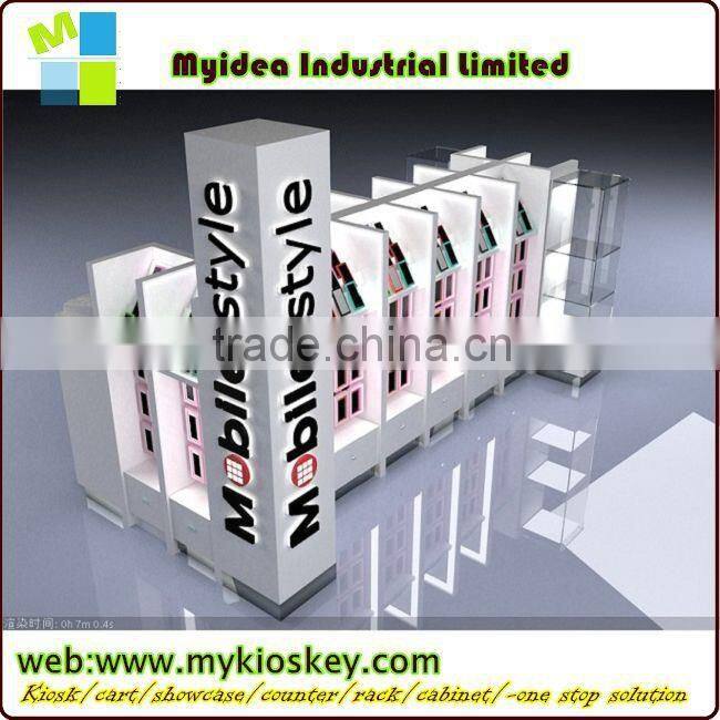 New design hot sale tempered glass wood cell phone kiosk for cell phone shop cellphone store display fixture