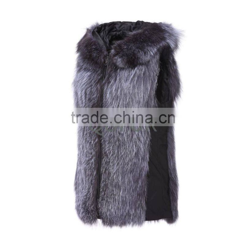 Fashion Women Winter Real Silver Fox Fur Vest With Sheep Fur Hoodied D0007