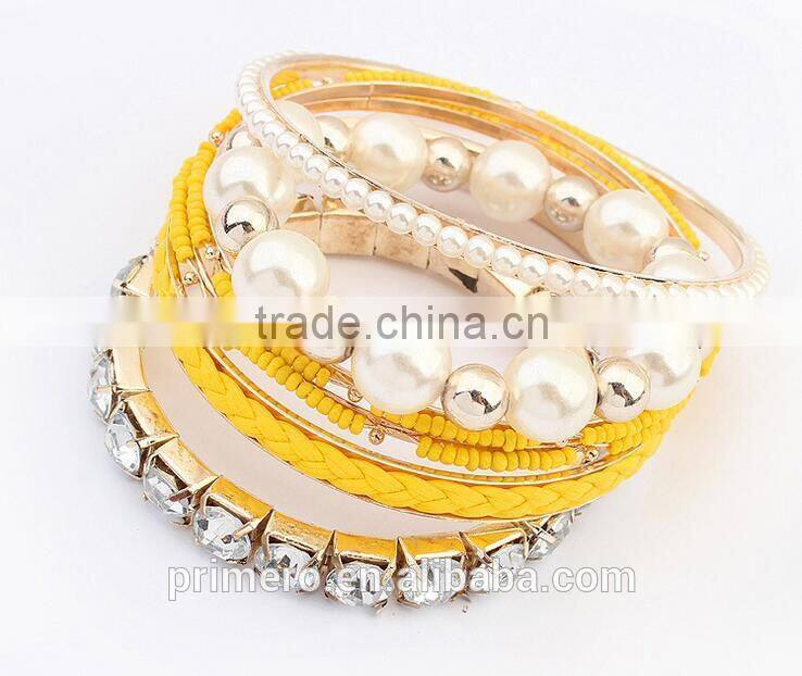 Multilayer Pearl Glass Rhinestone Beaded Twist Leather Bracelet& Bangle Jewelry