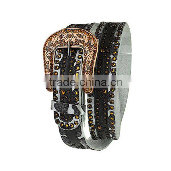 GENUINE LEATHER faux fur square teal rhinestone and crystal accents belt