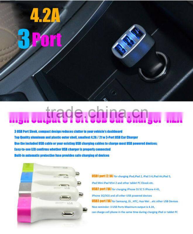 Universal 4.2A DC 12v-24v Input 3 Port USB Car Charger
