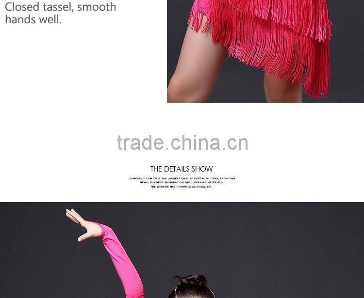 2016 Children Dance Skirt with Sleeves Sequins Latin Dresses Backless Fringe Children Latin Dance Dress for Girls Competition