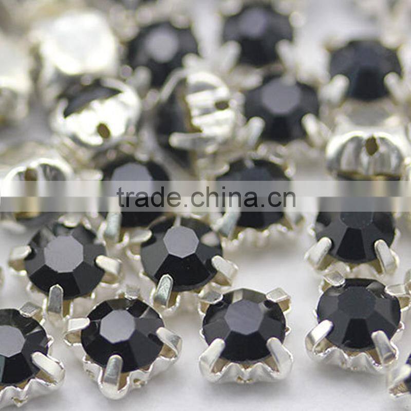 jet black sew on round rhinestones machine cut glass chaton in silver claw