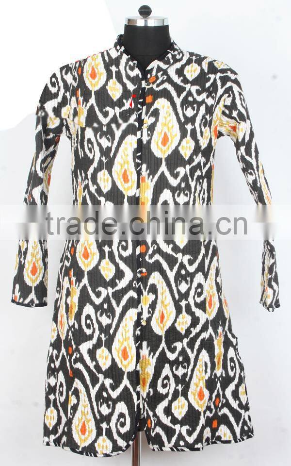 RTHCJ-1 full sleeve ikat printed kantha worked reversible cotton Jackets ladies and gents long size with cotton buttons Jaipur