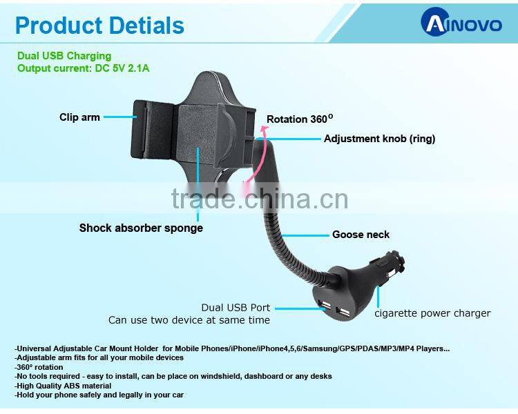 Dual USB 5V 2.1A clip mobile phone car holder with charging