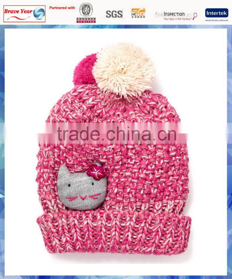 girls kitty embellished customizable hats/knit hat with ball top/kitty hat