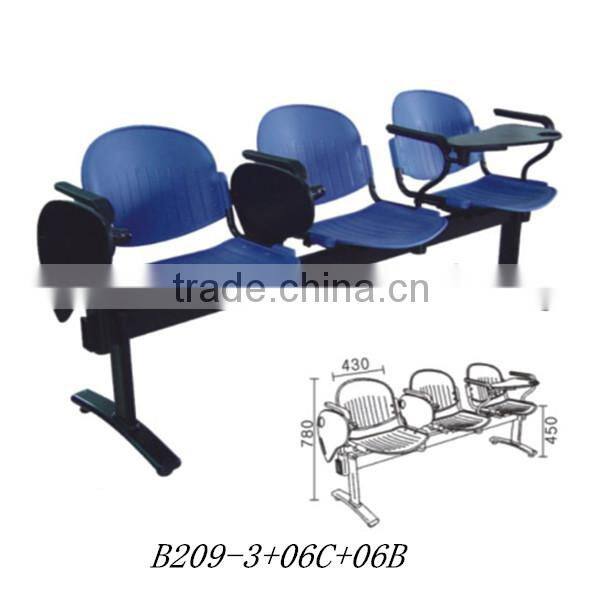 Hot used powerful 3-seater waiting chair Plastic chairs with writing pad on saleH201-3+06C+06B