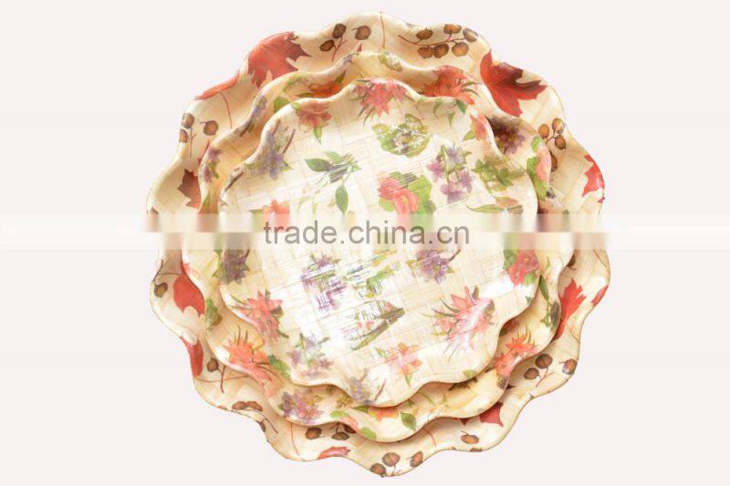 Color Picture Wave Lace Edge Bamboo Woven Wooden Veneer Serving Plate and Bowl Set for Bar Club and Event