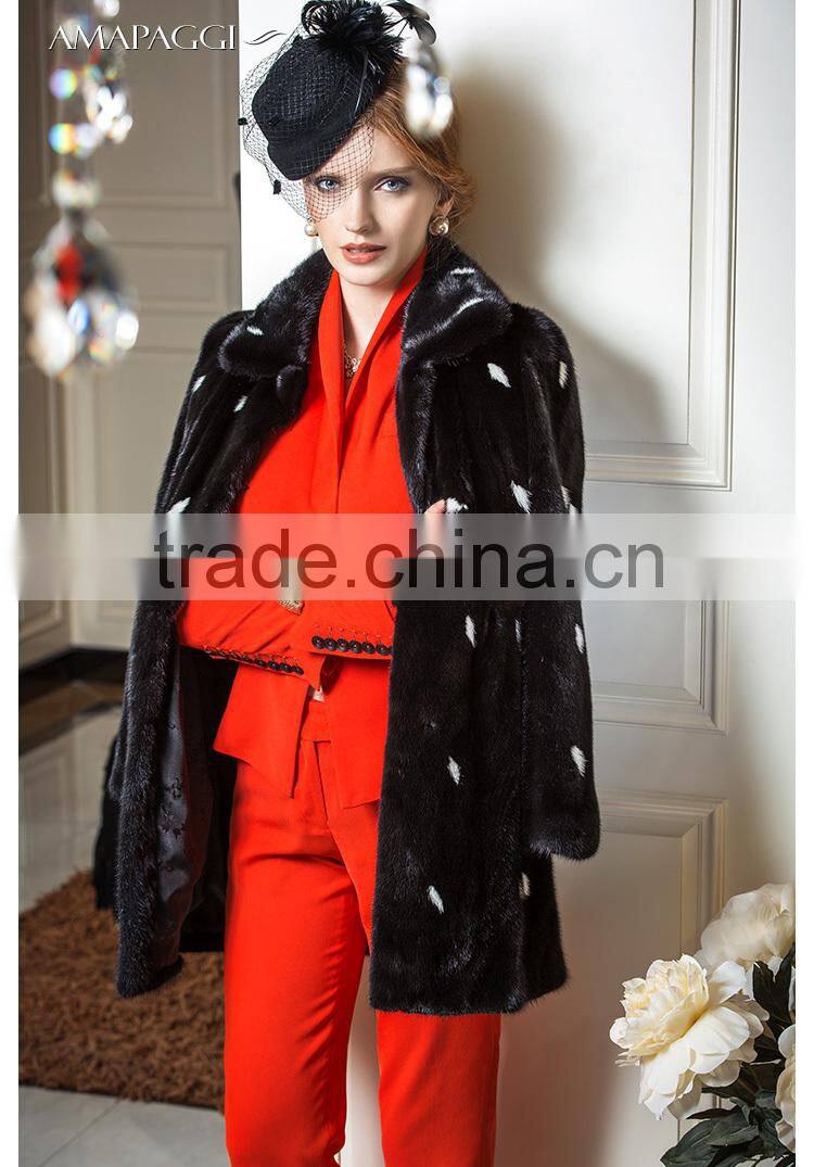 2015 new design custom black mink fur coat with white spot coat
