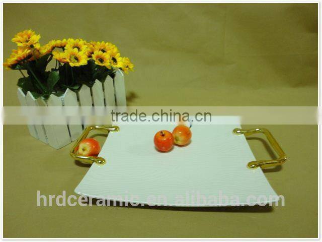 Factory supply stock cheap square white ceramic plate with Metal handle