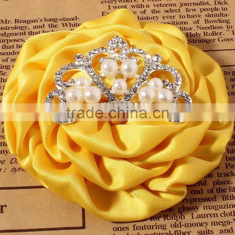 satin hanmade rose flower with crown for kids hair accessories