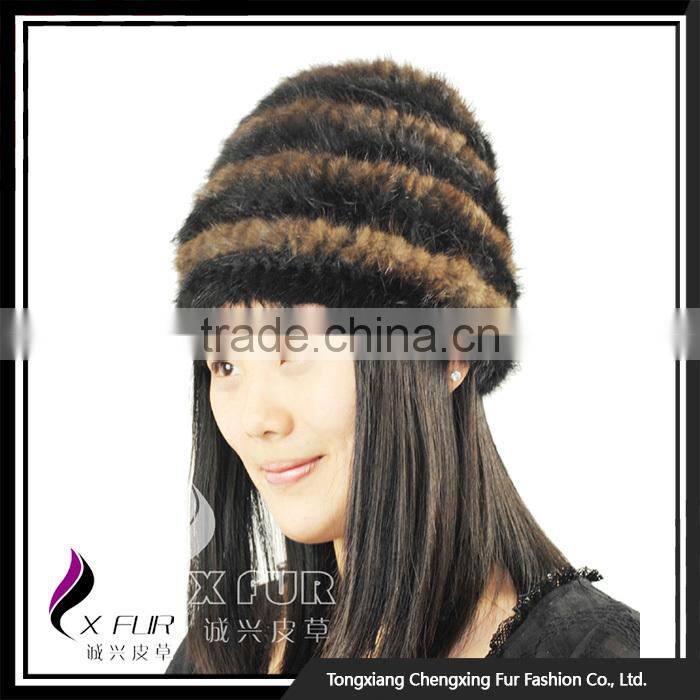 CX-C-36F Cheap Fur Hat Striped Knitted Women Mink Fur Hats