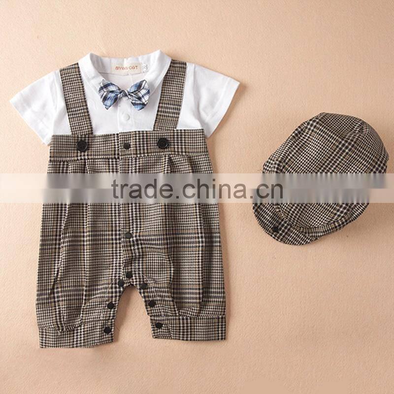 Baby Boys Summer Bodysuit Short Sleeve Plaid Rompers Gentlemen Kids Boys Suit with Hat