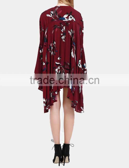 2017 Deep-v floral printed loose long sleeve sexy chiffon dress for lady