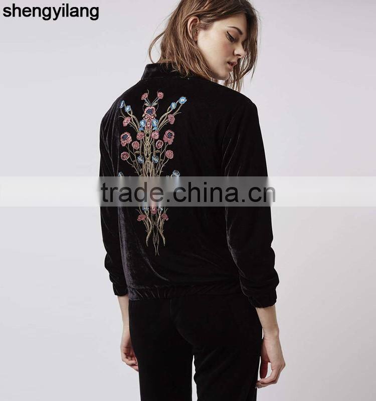 Wholesale custom women jacket, high quality Velvet Embroidered Bomber Jacket in guangzhou