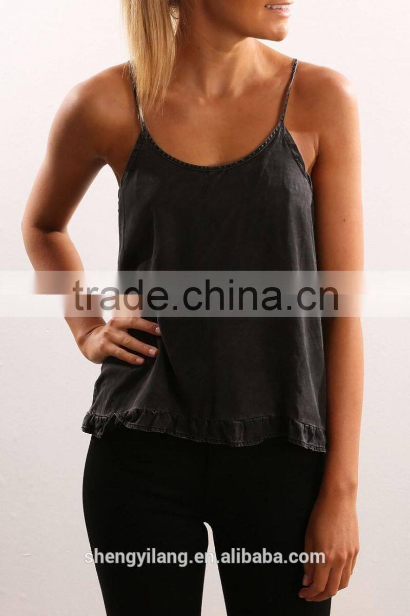 rounded neckline, frill hemline, adjustable thin straps and cute button closure Little top