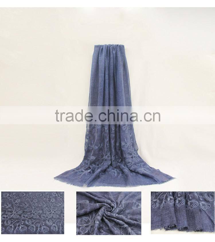 New fashion custom embroidery flower plain dyed linon viscose hijab scarf