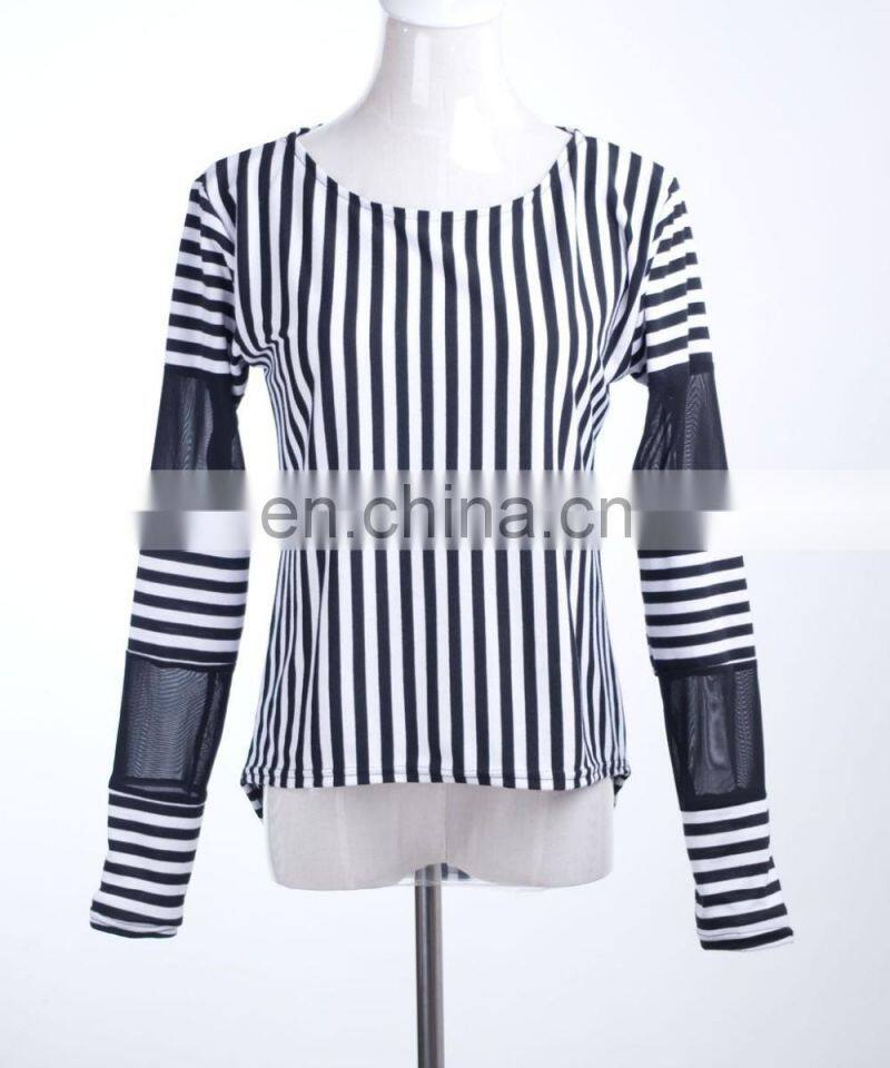 2017 latest fashion women's tee shirt Korean slim vertical stripes stitching female blouse shirt with mesh long sleeve