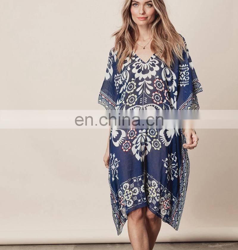 Beach Tunic Navy Blue Vintage Kaftan Beach Bikini Cover Up Chiffon Loose Swimwear Summer Dress Women