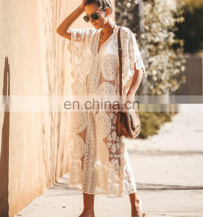 Luxury Long Sea Beach Wrap Dress Elegant Bathing Suit Cover Up White Lace Tunic Beach Sarong Plage Robe Kaftan Women Tunika