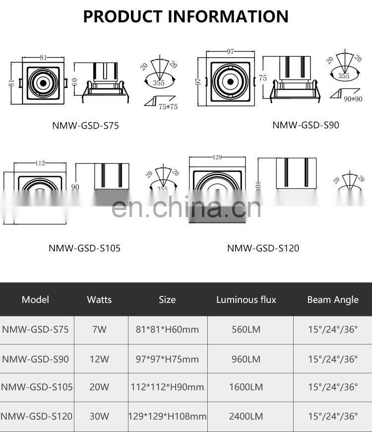Energy Saving Square Shape Three Color Aluminum Indoor Housing Warehouse 20W LED Grille Lamp