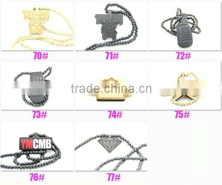 Hip Hop Face Wooden Beaded Pendant 36" Chain Necklace