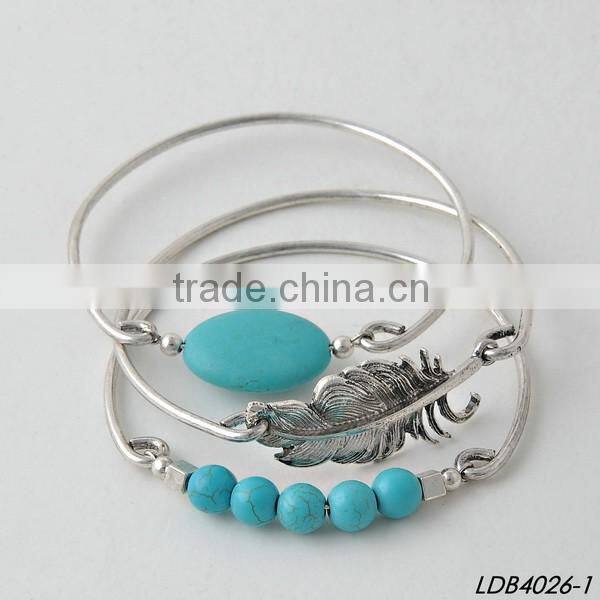 White Turquoise Bead Bangle Set Silver Leaf Turquoise Stone Bangle
