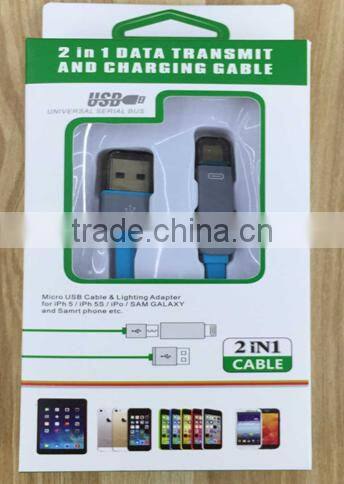 Hot selling 2 in1 micro usb flat cable for iphone/samsung
