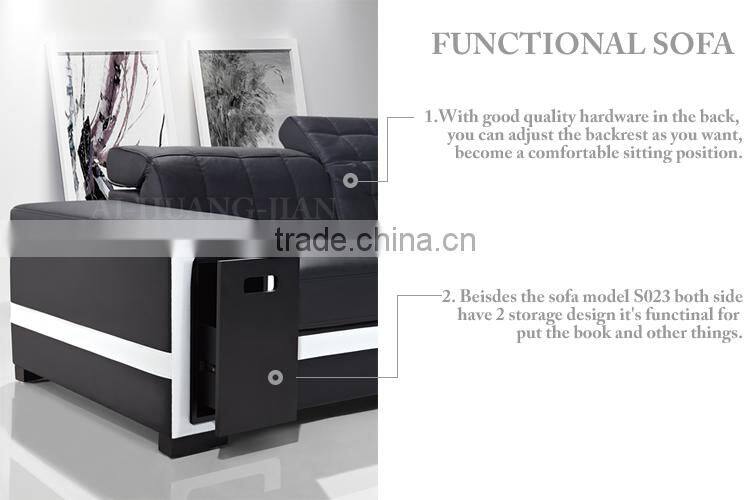 black cheap adjustable backrest sectional leather sofa set with storage and drawer