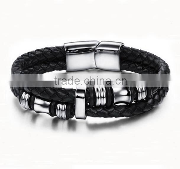 stainless steel genuine leather bracelet