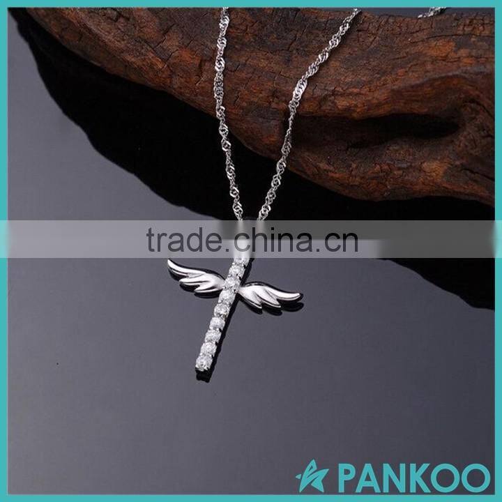 925 Sterling Silver Zircon Cross with Angel Wing Crystal Pendant 18'' Chain Necklace Fashion Jewelry