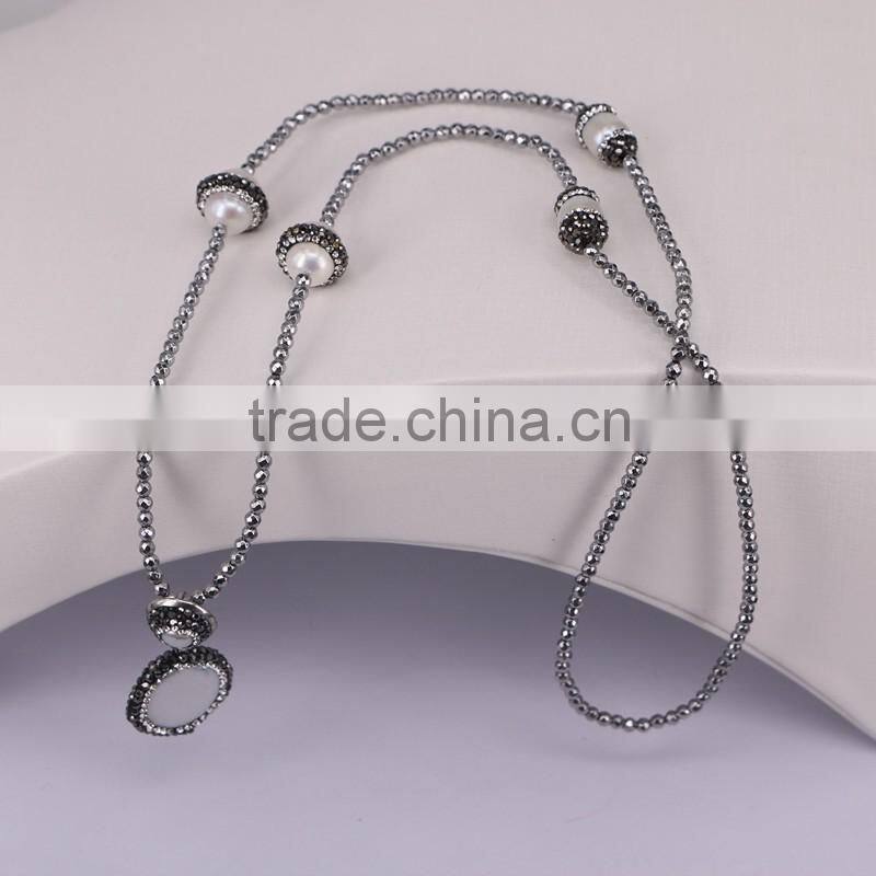 Fashion Natural Pearl Gem stone Necklace, with 3mm Silver Hematite Beads Necklace, Pendant Charms Natural Stone Necklace