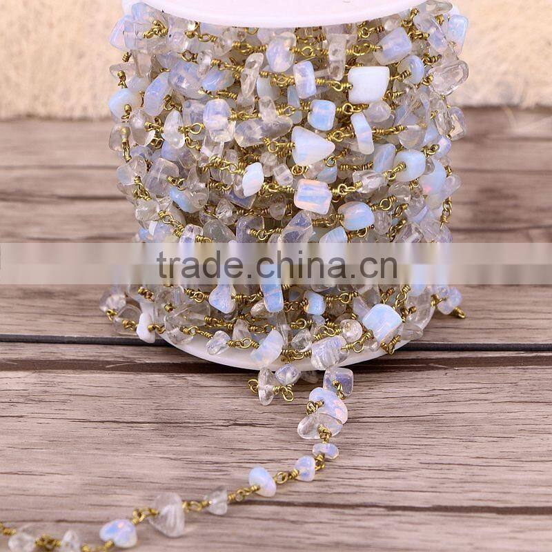 Antique Bronze Brass Rosary Style Beaded Chain, Opal Stone Wire Wrapped Chain Rosary Chain Beads For Jewelry Making