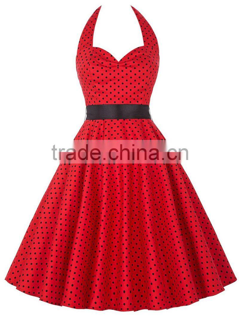 Red Polka Dot Halter Woman Dress Super Flare