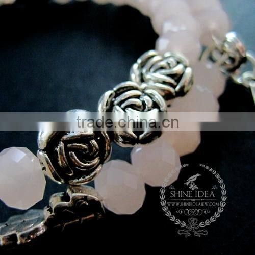 vintage antiqued silver rose leaf bird ice pink glass beads 2 layers women fashion wiring bangle bracelet jewelry 6490049