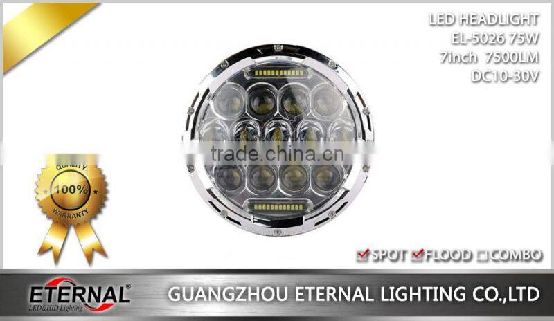 75W 7" Round LED Headlights Hummer Jeep Wrangler CJ TJ JK Prewired H4