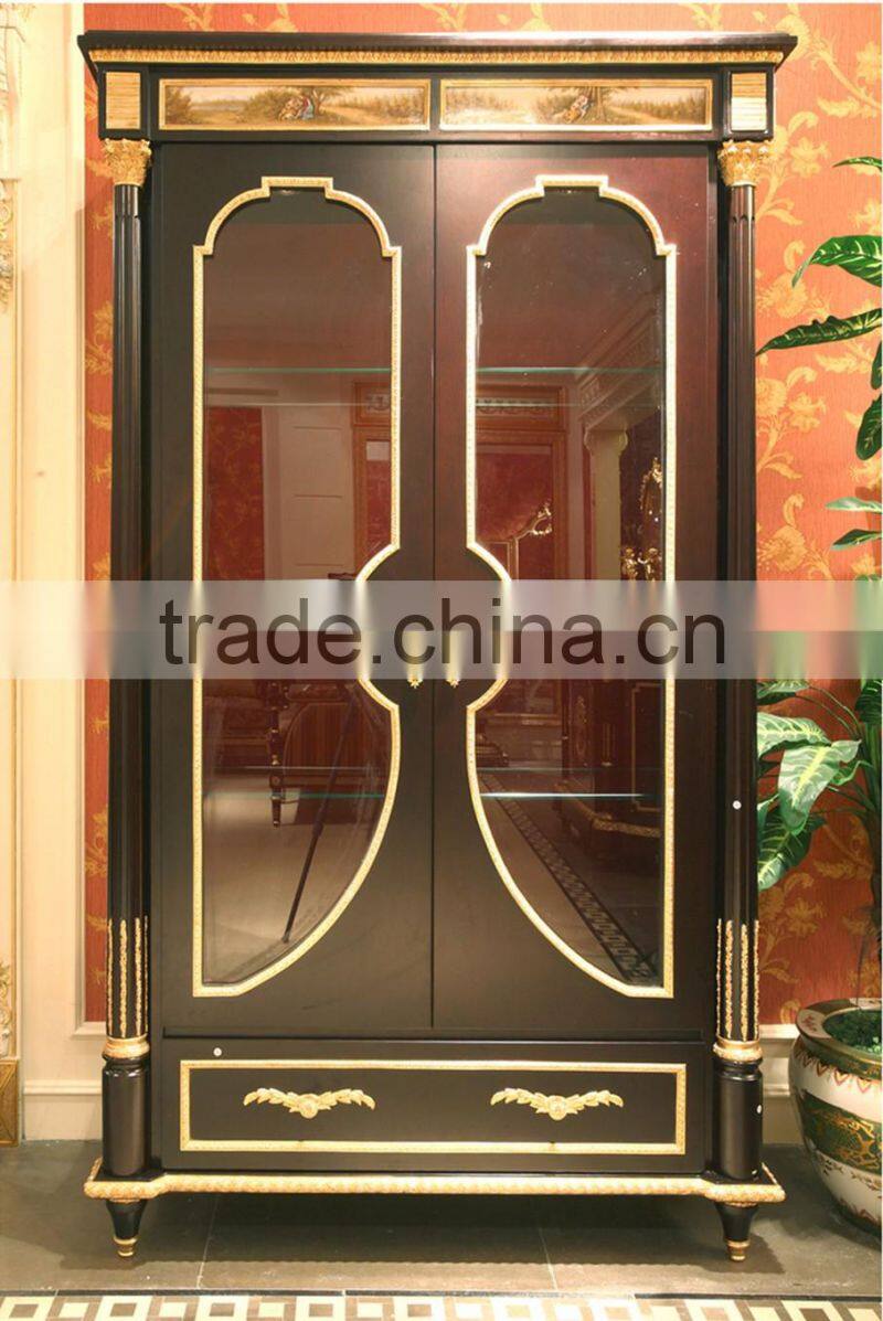 European Wooden Two Doors Brass Mounted Glass Wine Display Cabinet/ Antique Living Room Shabby Chic Curio Cabinet, Showcase