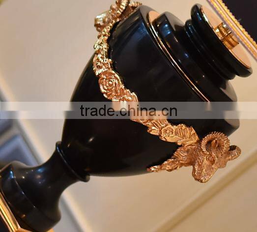Pure brass carving decorative black marble table lamp with black fabric lampshade