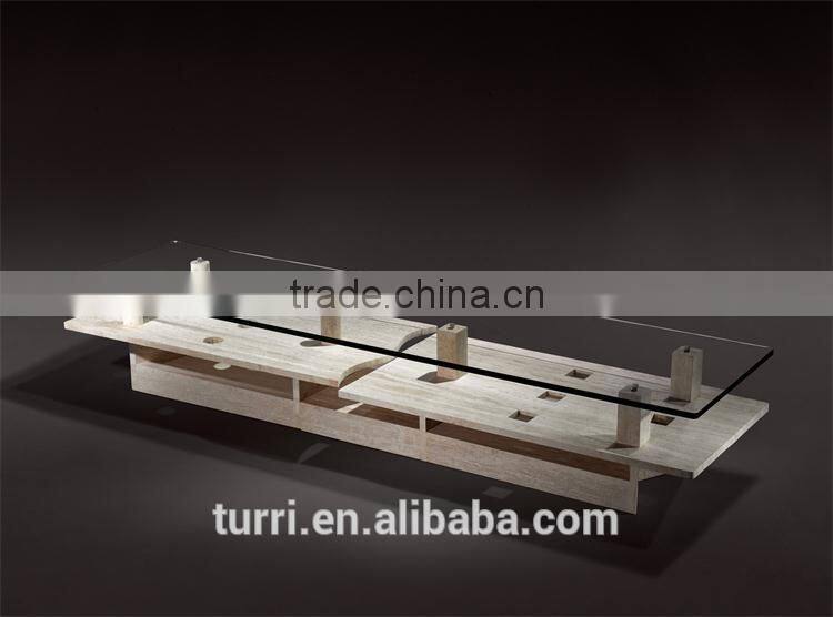modern nature marble travertine TV table with glass top