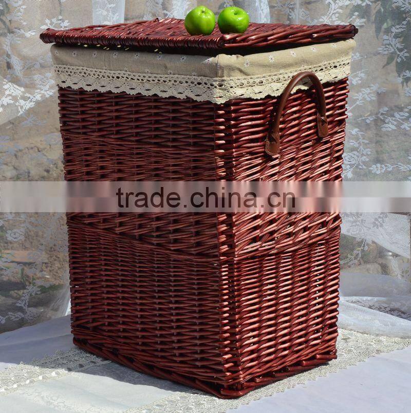 sets 2 whole willow material laundry basket with lid with lining with handls on the side of the basket