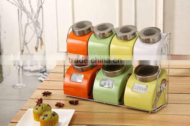 durable ceramic canister set with metal stand & spoon