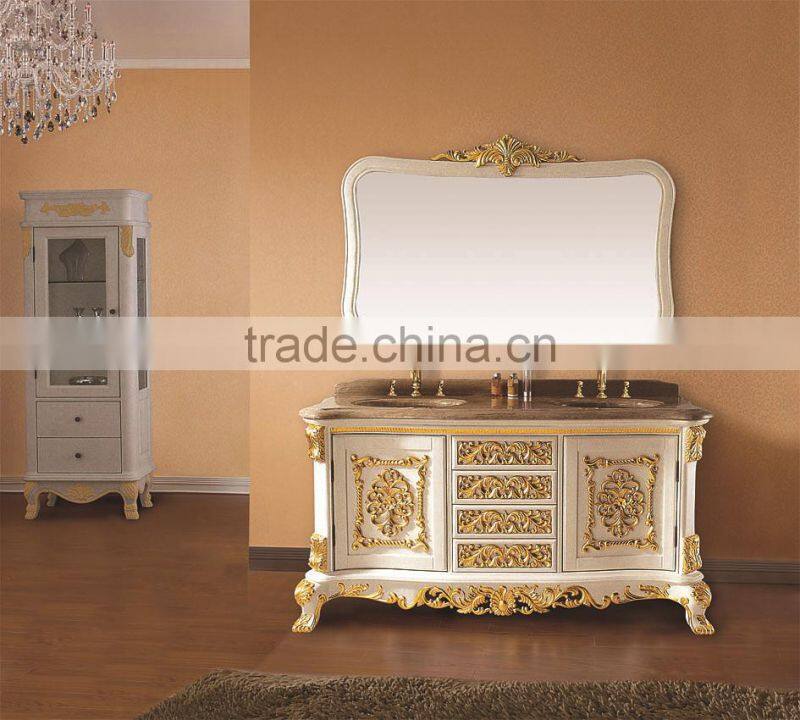 Antique European Designed White and Gold Solid Wood Bathroom Cabinet with Double Sinks and Framed Mirror BF12-05164a