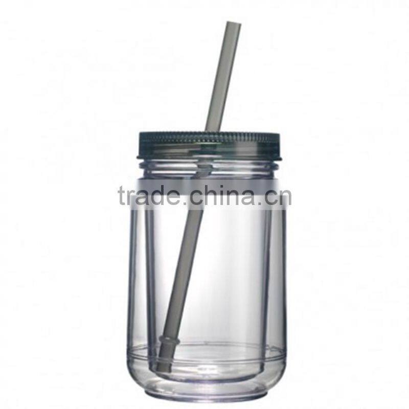 16OZ Mason Jar Cup Blank Clear Double Wall Insulated Tumbler Travel Mug Straw