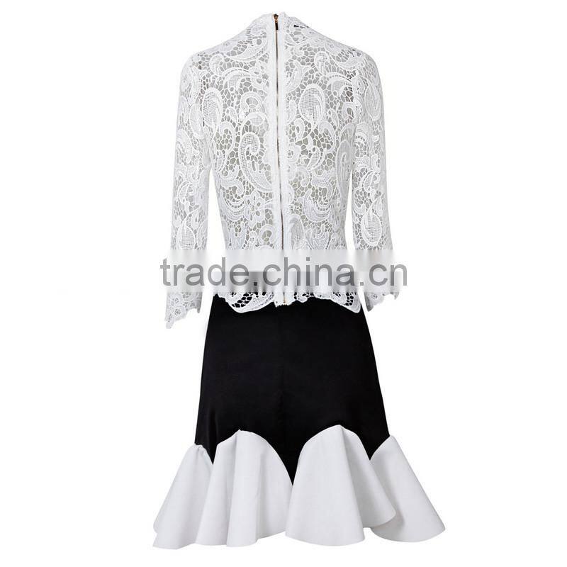 High collar long sleeve Knee length white lace dress