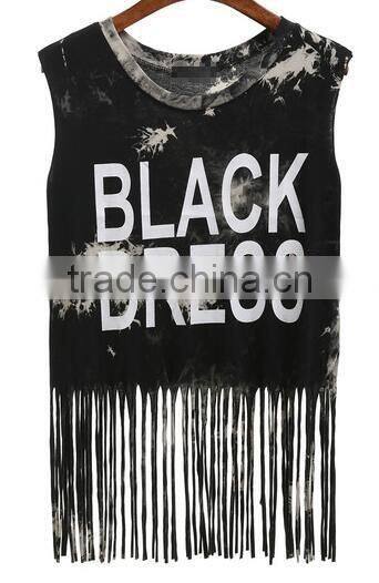 tie dye print cotton tassels sleeveless tops with letter print