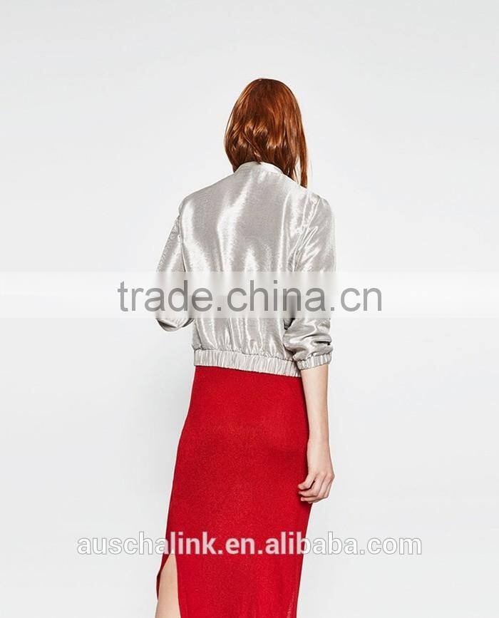 new style autumn cheap sliver satin plain front zipper baseball jackets